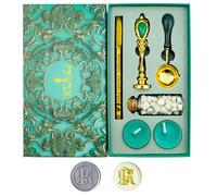 Timbro per sigilli di cera, Ioggtser Alfabeto F Set di timbri a cera con impugnatura in ferro, 60 pezzi di perle di cera, 1 cucchiaio per sciogliere la cera, 2 candele, 1 penna a cera