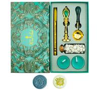 Timbro per sigilli di cera, Ioggtser Alfabeto V Set di timbri a cera con impugnatura in ferro, 60 pezzi di perle di cera, 1 cucchiaio per sciogliere la cera, 2 candele, 1 penna a cera