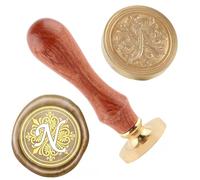 Timbro per sigillo in ceralacca in rame, lettera N, vintage, staccabile, con manico in legno, in ottone e testa stampata a motivi, per inviti, partecipazioni di matrimonio, confezioni regalo per le