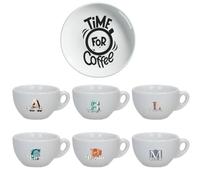 "Time for Coffee" Set 6 Tazzine da Caffè + Piattini in Ceramica Personalizzati con Nomi e Scatola Rossa Idea Regalo Originale Compleanno Natale Feste Cucina Prima Colazione Mattina Arredo Casa Tavola
