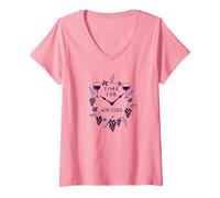 Time for Wine O'Clock - Elegante Amante del Vino Maglietta con Collo a V, Donna, Rosa, XXL