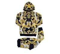 Time Is Money Tuta da uomo con stampa barocca, motivo oro e nero, felpa con cappuccio e cerniera e pantaloni da jogging abbinati, Nero oro, M