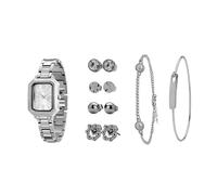 TIME100 Set Regalo Donna Elegante con Orologio Rettangolare, Braccialetto, Catena e 4 Orecchini - Confezione Regalo Rosa con Design New York（Argento）