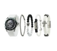 TIME100 Set Regalo Uomo, Orologio con Bracciale Skull Design, Cinturino in Silicone, Regalo Elegante per Compleanno, Laurea, Anniversario, San Valentino, Natale (Bianco & Nero)