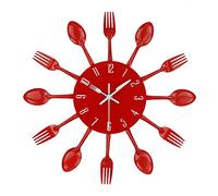 Timelike Orologio da parete da cucina, 3D rimovibile, moderno, creativo, posate, cucchiaio, forchetta, orologio da parete a specchio, decalcomania da parete, decorazione della stanza (rosso)