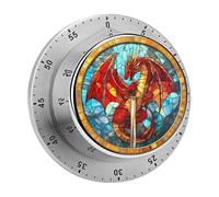 Timer da cucina con drago rosso in vetro colorato che tiene una spada per chef, orologio con timer da cucina con allarme forte, nessuna batteria richiesta, timer da tavolo meccanico con supporto mag