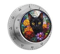 Timer da cucina con fiori di gatto nero in vetro colorato per chef, orologio con timer da cucina con allarme forte, nessuna batteria richiesta, timer da tavolo meccanico con supporto magnetico