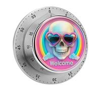Timer da cucina con teschio felice e occhiali da sole a forma di cuore, timer da chef con allarme sonoro, non richiede batterie, timer meccanico da scrivania con retro magnetico