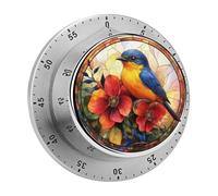 Timer da cucina con vetrate colorate, uccelli gialli, blu e fiori rossi, per chef, orologio con timer da cucina con allarme forte, non richiede batterie, timer da tavolo meccanico con supporto magne