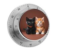 Timer da cucina meccanico a forma di gattino nero e arancione, per cucinare 60 minuti, con supporto magnetico, allarme forte, in acciaio inox, timer per conto alla rovescia, carino timer per cucinare