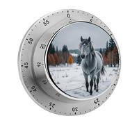 Timer da cucina meccanico magnetico in acciaio inossidabile 304, allarme forte da 70 dB, base magnetica, senza batteria, timer manuale per il conto alla rovescia a forma di cavallo nel campo innevato,