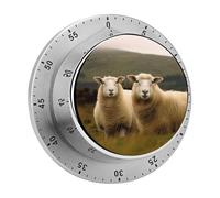 Timer da cucina meccanico rotondo da 60 minuti con due pecore bianche, orologio da chef con allarme sonoro, senza batterie, con conto alla rovescia e retro magnetico.