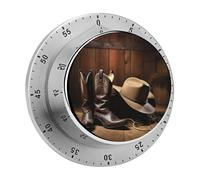 Timer meccanico da cucina rotondo da 60 minuti con cappello da cowboy nero e stivali western, orologio da chef con allarme sonoro, senza batterie, timer per il conto alla rovescia con retro magneti