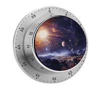 Timer meccanico da cucina rotondo da 60 minuti con tema spazio esterno, galassia e universo, con allarme sonoro, senza batterie, con conto alla rovescia e retro magnetico.