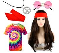 TIMESETL 70s Hippie Costume Set - 5 Piece Disco Party Kit With Wig, Glasses, Necklace, Headband for Men and Women - Perfect for Carnival, Festivals