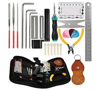 TIMESETL Kit di 26 attrezzi per la riparazione della chitarra con pinza per cavi, organizer per corde, protezione per tastiera, chiavi esagonali, lime, righello per corde, chiave inglese, perni per