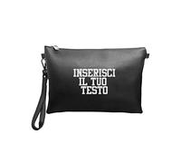 Timeshop Lab Pochette piatta per donna e da uomo in eco pelle sintetica con polsino e personalizzabile con nome o iniziali ricamate 30x20x2 cm (Con Testo)
