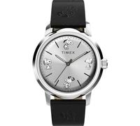 Timex Orologio automatico Peanuts da uomo, 40 mm, cinturino a sgancio rapido in due pezzi in pelle nera, quadrante color argento, cassa in acciaio inox TW2W54000
