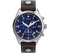 Timex Orologio cronografo da uomo, 42 mm, cinturino in pelle marrone in due pezzi, quadrante blu, cassa in acciaio inox TWG030000