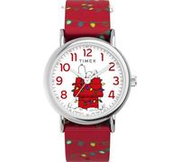 Timex Orologio da donna Peanuts da 38 mm, cinturino in tessuto slip-thru rosso, quadrante bianco, cassa argentata TW2W80800