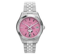 Timex Orologio da polso da donna con cinturino in acciaio inossidabile con ombrello Snoopy Legacy, color argento, quadrante rosa, cassa argentata