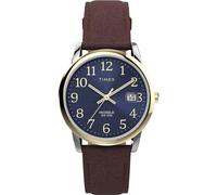 Timex Orologio da uomo Easy Reader da 35 mm, cinturino in pelle marrone, quadrante blu, cassa color argento TW2W54500