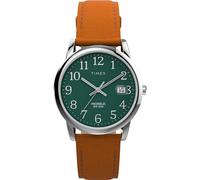 Timex Orologio da uomo Easy Reader da 35 mm, cinturino in pelle marrone, quadrante verde, cassa color argento TW2W54600