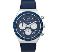 Timex Orologio da uomo Q con cronografo, 40 mm, cinturino in due pezzi a sgancio rapido in pelle blu, quadrante blu, cassa in acciaio inox TW2W51700