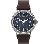 Timex Orologio da uomo Waterbury, 40 mm, cinturino a sgancio rapido in due pezzi in pelle marrone, quadrante blu, cassa argentata TW2W20400