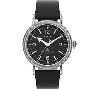 Timex Orologio da uomo Waterbury da 40 mm, cinturino a sgancio rapido in due pezzi in pelle nera, quadrante nero, cassa argentata TW2W20200