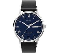 Timex Orologio da Uomo Waterbury da 40 mm, Cinturino a Sgancio Rapido in Pelle Nera, Quadrante Blu, Cassa in Acciaio Inox, TW2Y29600