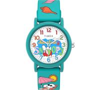 Timex Orologio unisex Peanuts Just Beachy da 36 mm, cinturino in silicone verde, quadrante bianco, cassa verde TW2V78500