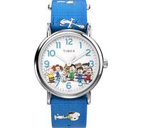 Timex Peanuts TW2W19400 - Orologio da donna da 38 mm, cinturino in tessuto blu con quadrante bianco e cassa argentata