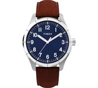 Timex TW2Y16200 Main Street, Orologio da uomo da 42 mm, con cinturino in pelle marrone, quadrante blu e cassa argentata