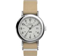 Timex Weekender TW2Y09100 - Orologio unisex da 37 mm, cinturino in tessuto marrone chiaro con quadrante bianco e cassa argentata