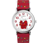Timex x Peanuts - Orologio da donna Weekender Holiday 38 mm, cinturino rosso, quadrante bianco, cassa argentata