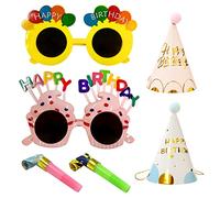 TIMJJG 2 bicchieri, 2 cappelli a cono, 2 draghi soffianti, bicchieri da festa per bambini, cappelli di carta di compleanno, set di oggetti di scena con fischietto per la festa di compleanno