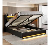 TIMORWTF Letto baule 140 x 200 con LED e presa USB, letto matrimoniale con contenitore idraulico e testiera trapuntata, letto matrimoniale con letto trapuntato, letto 2 persone, telaio letto con rete