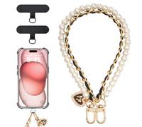TiMOVO Cinturino di Perle per Telefono, Bracciale da Polso Staccabile con Linguetta di Fissaggio, Bracciale Charm per Smartphone a Mani Libere per Donne, Oro + Nero + Bianco