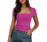 Timuspo Maglietta da donna a maniche corte, con scollo angolare, estiva, slim fit, top Y2K, stretch, per il tè, rosso rose, S