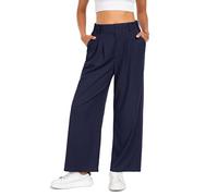 Timuspo Palazzo - Pantaloni da donna in tessuto a nido d'ape, eleganti, casual, a vita alta, con elastico, taglio ampio, per il tempo libero, Blu mare, M petite