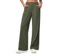 Timuspo Palazzo - Pantaloni da donna in tessuto a nido d'ape, eleganti, casual, a vita alta, con elastico, taglio ampio, per il tempo libero, Verde militare., M petite