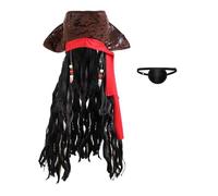 TINAYAUE 2 accessori da pirata, cappello da capitano tricorno, con parrucca con dreadlock, benda per gli occhi, cappello da pirata caraibico, costume di Halloween, cosplay, feste (stile 1)