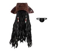 TINAYAUE 2 accessori da pirata, cappello da capitano tricorno, con parrucca con dreadlock, benda per gli occhi, cappello da pirata caraibico, costume di Halloween, cosplay, feste (stile 2)