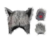 TINAYAUE Guanti pelosi con orecchie di lupo cappello grigio lupo mannaro costume per adulti bambini carino Halloween animale Cosplay accessori peluche cappello caldo senza dita artigli di lupo guanti