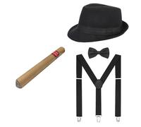 TINAYAUE Set di accessori per costume da uomo anni '20, stile retrò ruggente anni '20, costume da gangster del Grande Gatsby, cosplay, Halloween, cappello, papillon, reggicalze e sigari finti per