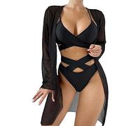 tinbarry Completi Rave da Donna 2 Pezzi Body Crop Top Manica Lunga Costumi da Bagno Bikini Copricostume Clubwear Coprispalle in Rete con Fibbia per Festival Club Party