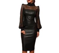 Tinbarry Vestito in Pelle Donna Mini Abito in Pizzo a Rete Aderente Senza Maniche Midi da Festa Con Cerniera Cocktail Effetto Bagnato PU Clubwear