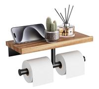 Tindbea Porta carta igienica con ripiano in legno, porta rotolo da parete, accessori per il bagno in acciaio inossidabile nero opaco (Acciaio inossidabile Sapele SUS304, nero opaco-doppio)