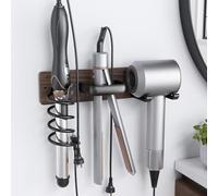 Tindbea Porta Phone Bagno da Muro, Ferro Arricciacapelli, Supporto per Asciugacapelli da Parete 3 in 1, Organizer per Accessori da Bagno per Asciugacapelli Universale (Legno di noce metallo opaco)